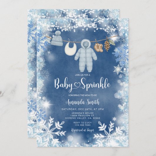 Invitation Dusty Blue Snowflake Boy Clothesline Baby Sprinkle (Devant / Derrière)