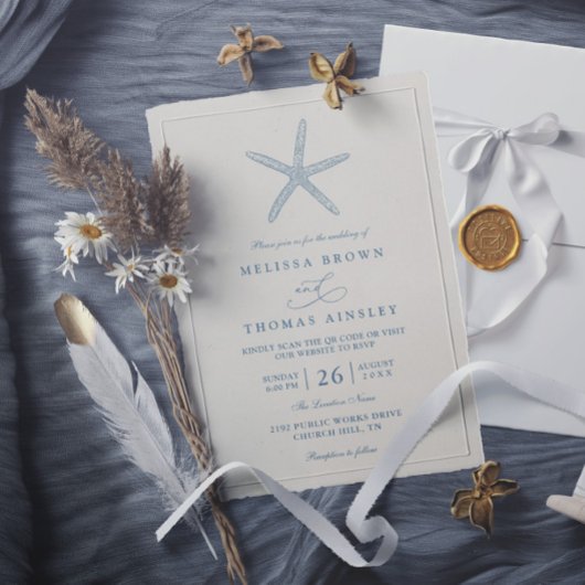 Invitation Dusty Blue Starfish Beach Elegant QR Code Wedding