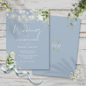 Invitation Dusty Blue String éclaire Floral Monogram Mariage