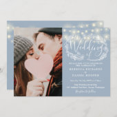 Invitation Dusty Blue String éclaire Floral Photo Mariage (Devant / Derrière)