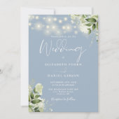 Invitation Dusty Blue String éclaire Floral QR Code Mariage (Devant)