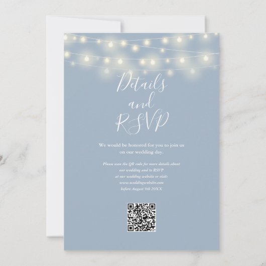 Invitation Dusty Blue String éclaire Floral QR Code Mariage (Dos)