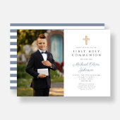 Invitation Dusty Blue Stripes Cross Boy Photo First Communion