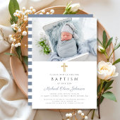 Invitation Dusty Blue Stripes Cross Photo Boy Baptême