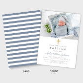 Invitation Dusty Blue Stripes Cross Photo Boy Baptême