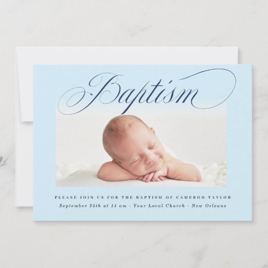 Invitation Dusty Blue Subtle Cross Script Baptême Photo Boy (Devant)