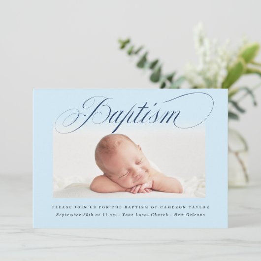 Invitation Dusty Blue Subtle Cross Script Baptême Photo Boy (Debout devant)