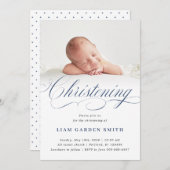 Invitation Dusty Blue Subtle Cross Script Christening Boy (Devant / Derrière)