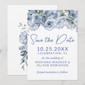 Invitation Dusty Blue sur White Romantic Floral Enregistrer l (Devant / Derrière)