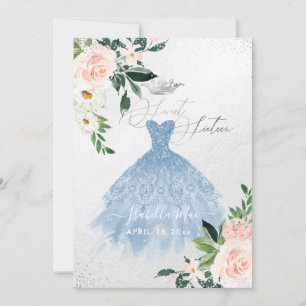 Invitation Dusty Blue Sweet Sixteen Fleurs de blush aquarelle