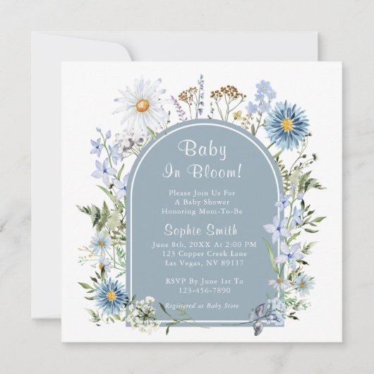 Invitation Dusty Blue Tea Party Baby in Bloom Baby shower (Devant)