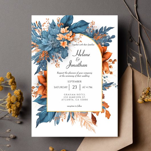 Invitation Dusty Blue Terracotta Boho Floral Mariage élégant