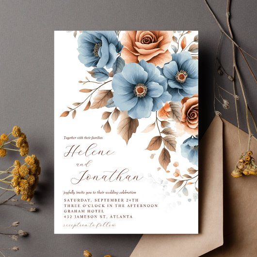 Invitation Dusty Blue Terracotta Boho Floral Mariage élégant