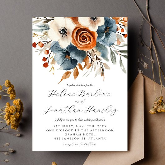 Invitation Dusty Blue Terracotta Boho Floral Mariage élégant