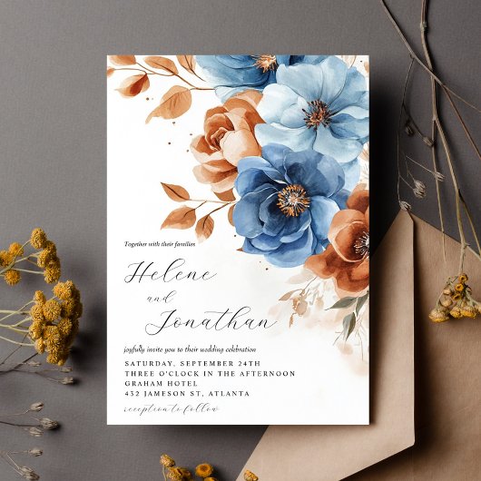 Invitation Dusty Blue Terracotta rouille Élégant Mariage flor