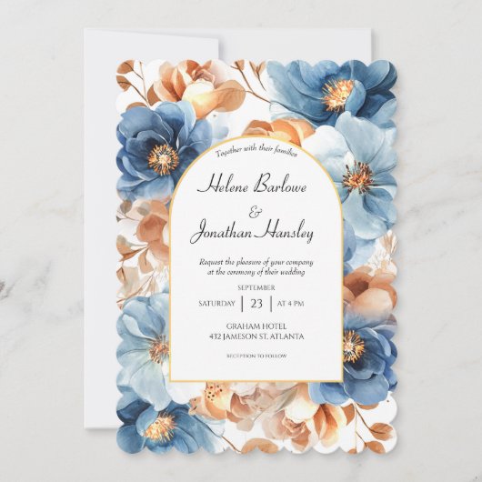 Invitation Dusty Blue Terracotta rouille Élégant Mariage flor (Devant)