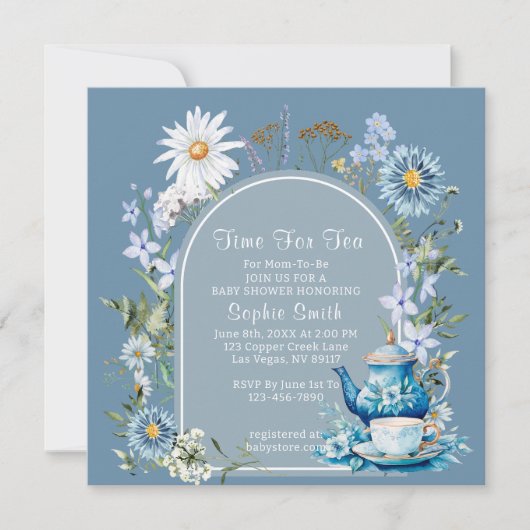 Invitation Dusty Blue Time Pour Baby shower Fleur sauvage de  (Devant)