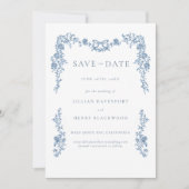 Invitation Dusty Blue Toile Chinoiserie Mariage Date de sauve (Devant)