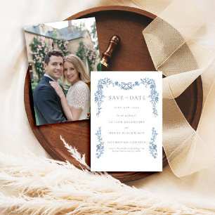 Invitation Dusty Blue Toile Chinoiserie Mariage Date de sauve