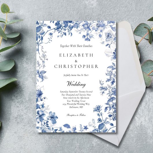Invitation Dusty Blue Toile Floral Aquarelle Mariage élégant