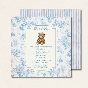 Invitation Dusty Blue Toile Floral Vintage Teddy Bear Carré