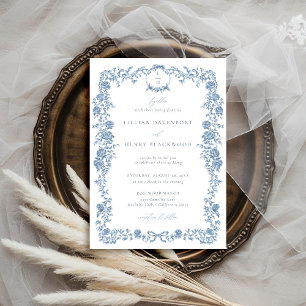 Invitation Dusty Blue Toile Français Floral Bow Mariage