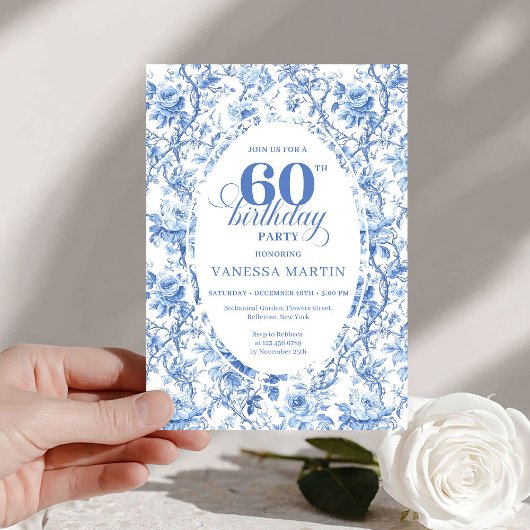 Invitation Dusty Blue Toile Roses 60th Birthday Digital 