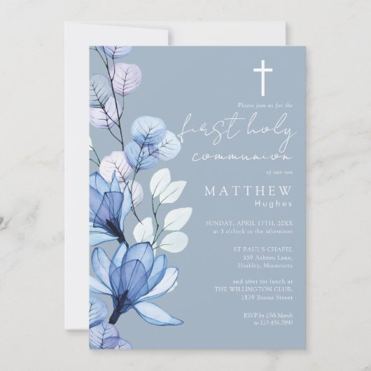 Invitation Dusty Blue Transparent Floral First Holy Communion (Devant)