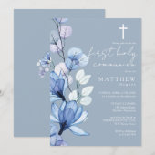 Invitation Dusty Blue Transparent Floral First Holy Communion (Devant / Derrière)