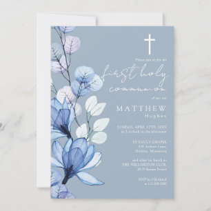 Invitation Dusty Blue Transparent Floral First Holy Communion