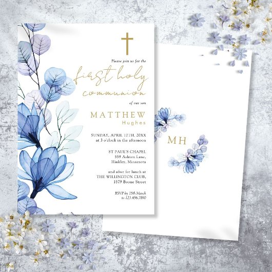 Invitation Dusty Blue Transparent Floral First Holy Communion