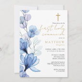 Invitation Dusty Blue Transparent Floral First Holy Communion (Devant)