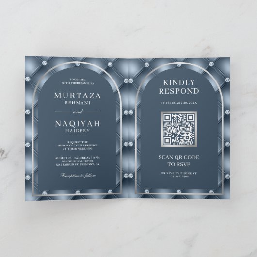 Invitation Dusty Blue Tufted Motif QR Code Musulman Mariage (Intérieur)