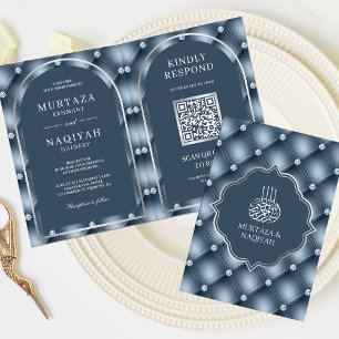 Invitation Dusty Blue Tufted Motif QR Code Musulman Mariage