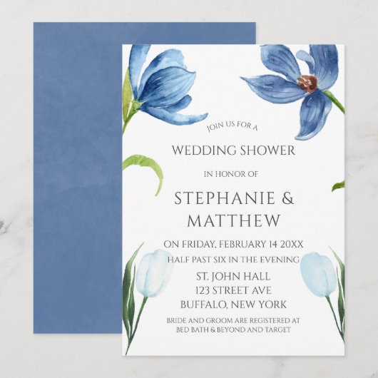 Invitation Dusty Blue Tulip Aquarelle Peony Wedding shower (Devant / Derrière)