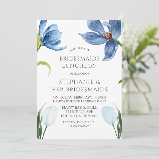 Invitation Dusty Blue Tulip Peony Bridesmaiers Déjeuner (Debout devant)