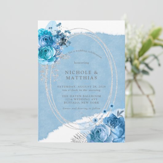 Invitation Dusty Blue Turquoise Silver Peony Mariage (Debout devant)