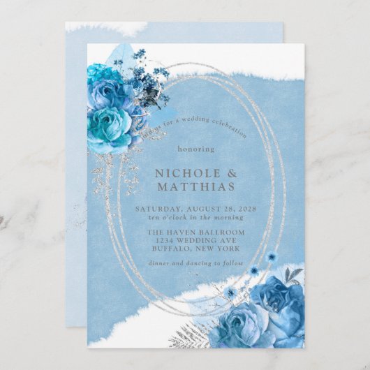 Invitation Dusty Blue Turquoise Silver Peony Mariage (Devant / Derrière)