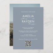 Invitation Dusty Blue Typographie Script Photo QR Code Mariag (Devant / Derrière)