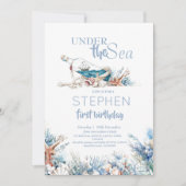 Invitation Dusty Blue Under the Sea Cute 1er Anniversaire (Devant)