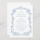 Invitation Dusty Blue Victorian Floral All in One Wedding (Devant / Derrière)
