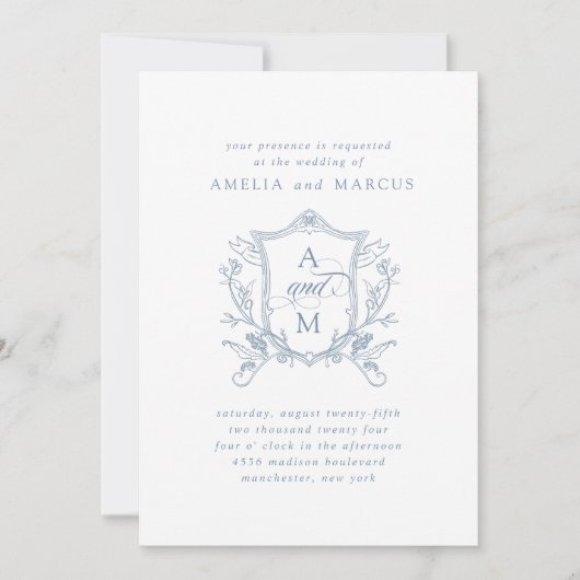Invitation Dusty Blue Vintage Crest Mariage (Devant)