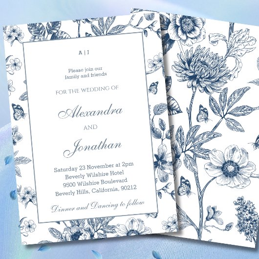 Invitation Dusty Blue Vintage Floral Mariage français