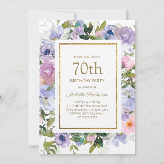 Invitation Dusty Blue violet or floral 70e anniversaire (Devant)