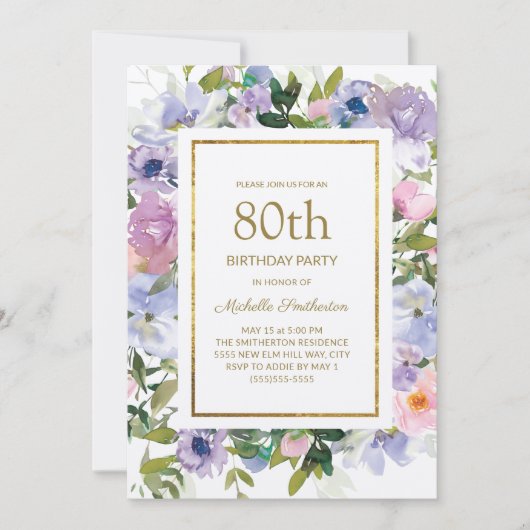 Invitation Dusty Blue violet or floral 80e anniversaire (Devant)