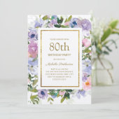 Invitation Dusty Blue violet or floral 80e anniversaire (Debout devant)
