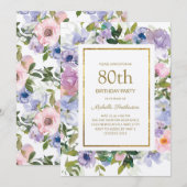 Invitation Dusty Blue violet or floral 80e anniversaire (Devant / Derrière)