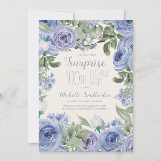 Invitation Dusty Blue Watercolor Floral 100e fête d'anniversa (Devant)