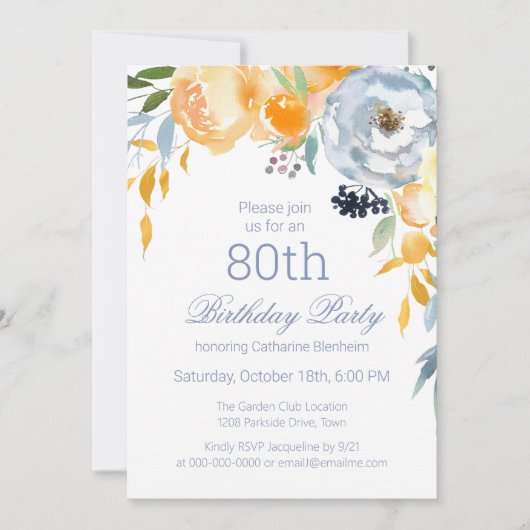 Invitation Dusty Blue Watercolor Floral 80e fête d'anniversai (Devant)
