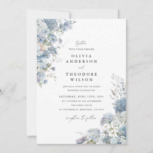 Invitation Dusty Blue Watercolor Floral Elegant Wedding (Devant)